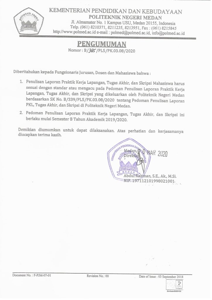 Pengumuman Pelaksanaan Pkl Tugas Akhir Dan Skripsi Politeknik Negeri Medan