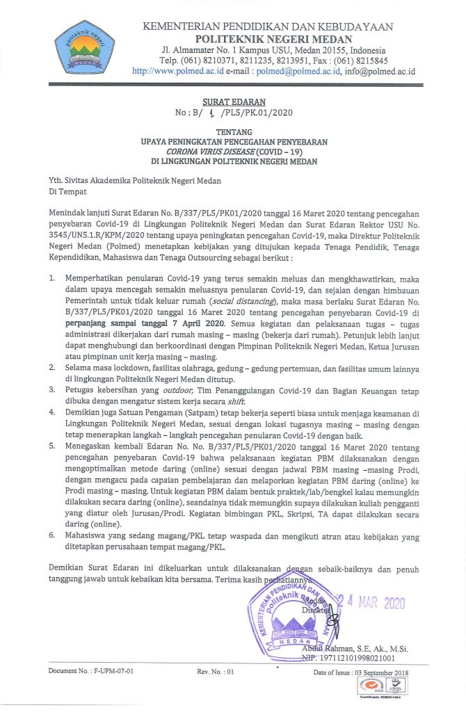 Surat Edaran Upaya Peningkatan Pencegahan Penyebaran Corono Virus Disease Covid 19 Di Lingkungan Politeknik Negeri Medan Politeknik Negeri Medan