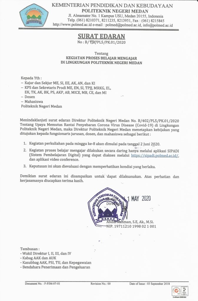 Surat edaran tentang Proses Belajar Mengajar di Lingkungan Politeknik