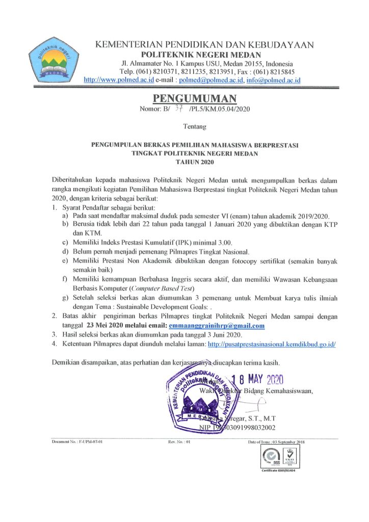 Pengumuman Pengumpulan Berkas Pemilihan Mahasiswa Berprestasi Tingkat Politeknik Negeri Medan Tahun 2020 Politeknik Negeri Medan