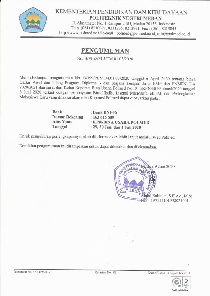Pengumuman Pembayaran Bintalfisdis Lisensi Microsoft E Ktm Dan Perlengkapan Mahasiswa Baru Politeknik Negeri Medan T A 2020 2021 Politeknik Negeri Medan