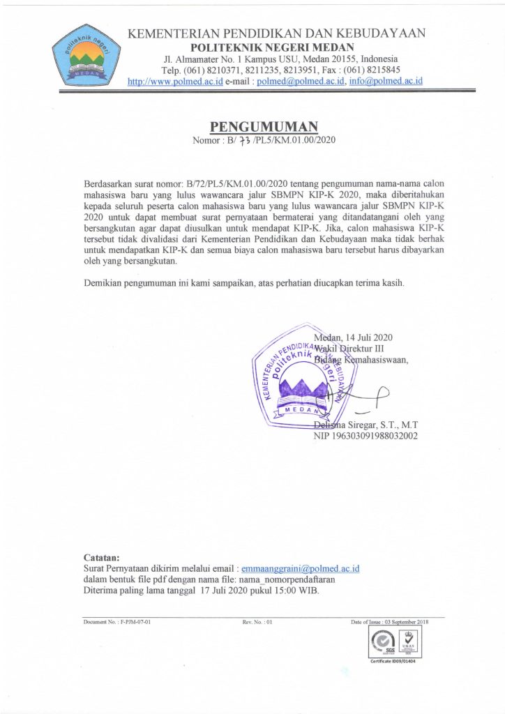 Pengumuman Pengusulan Perolehan Kip K Calon Mahasiswa Jalur Sbmpn Politeknik Negeri Medan Tahun Akademik 2020 2021 Politeknik Negeri Medan